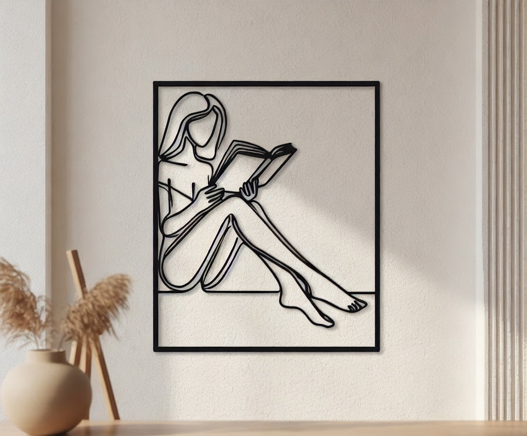 Minimalist Reading Woman Metal Wall Art