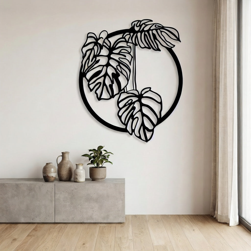 Tropical Monstera Deliciosa Leaf Circular Metal Wall Art