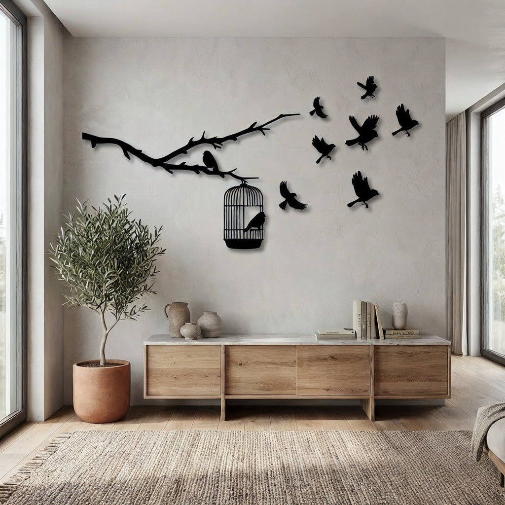 Birds on Branch with Cage Metal Wall Art