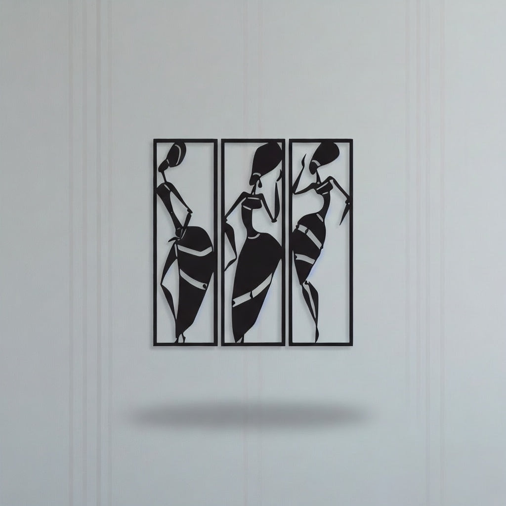 African Tribal Women Triptych Metal Wall Art
