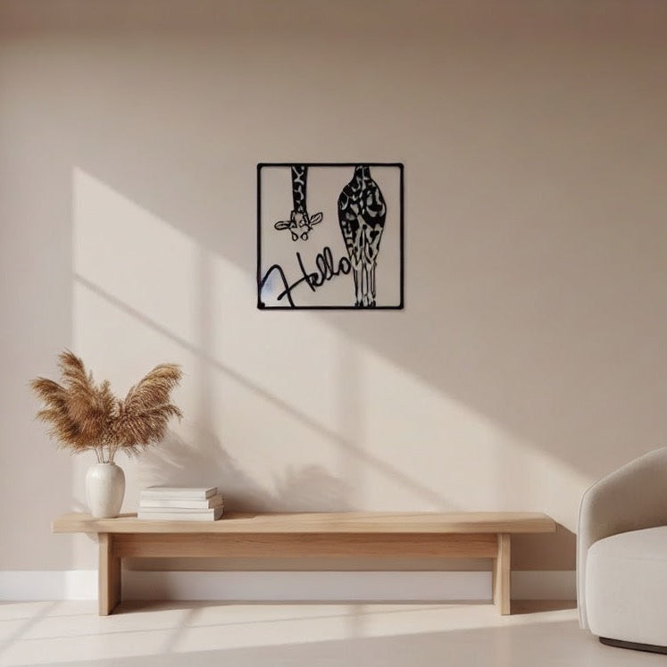 Playful Giraffe "Hello" Metal Wall Art