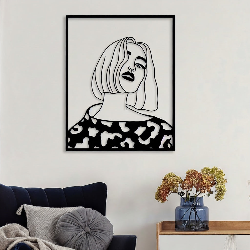 Modern Chic Woman with Bob Cut Metal Wall Art