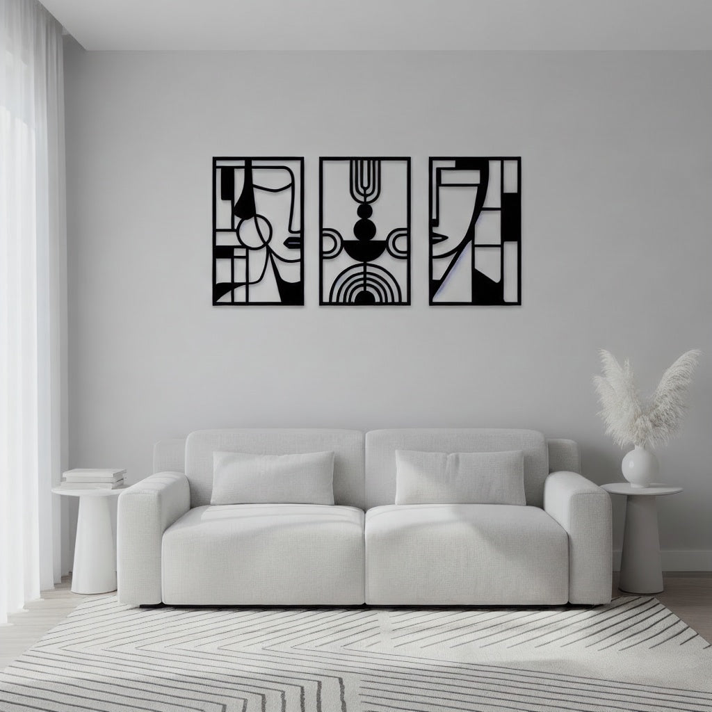 Abstract Cubist Face and Geometric Triptych Metal Wall Art