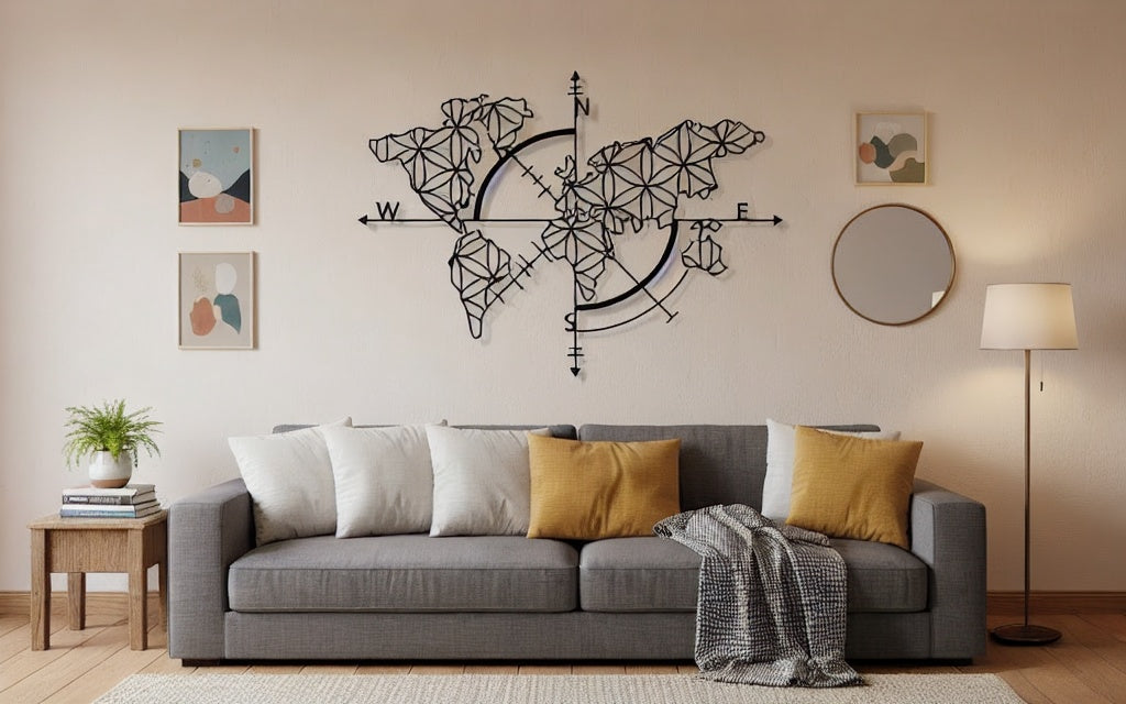 Geometric Compass World Map Metal Wall Art