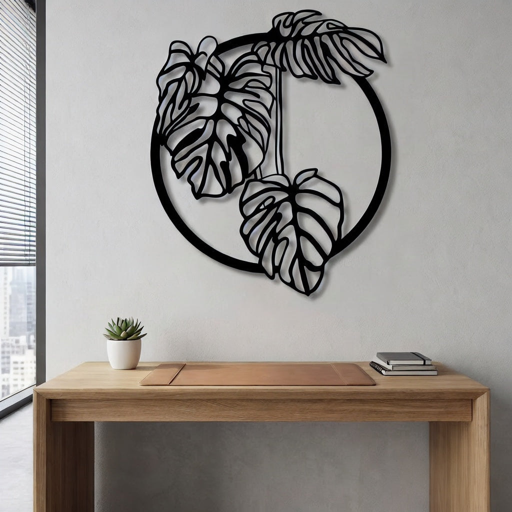 Tropical Monstera Deliciosa Leaf Circular Metal Wall Art