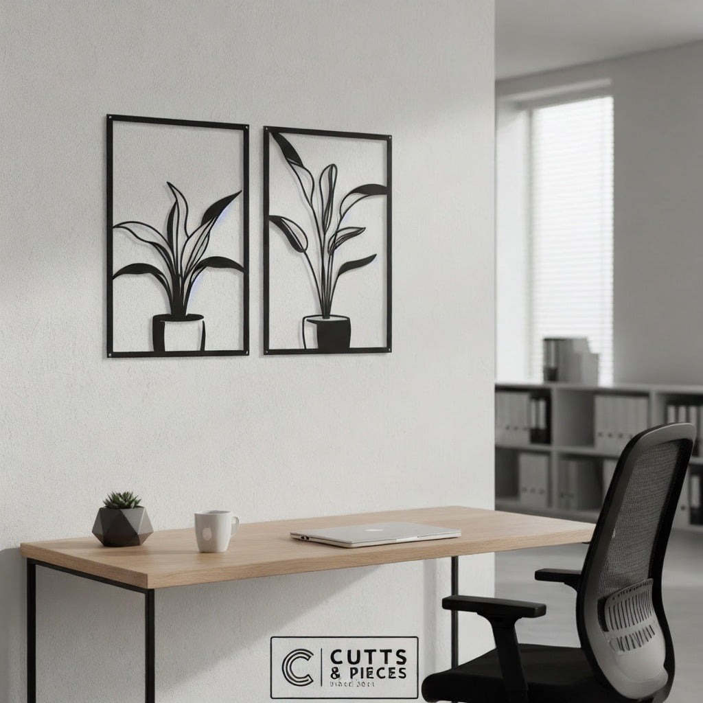 Minimalist Potted Plant Duo Metal Wall Art Panels