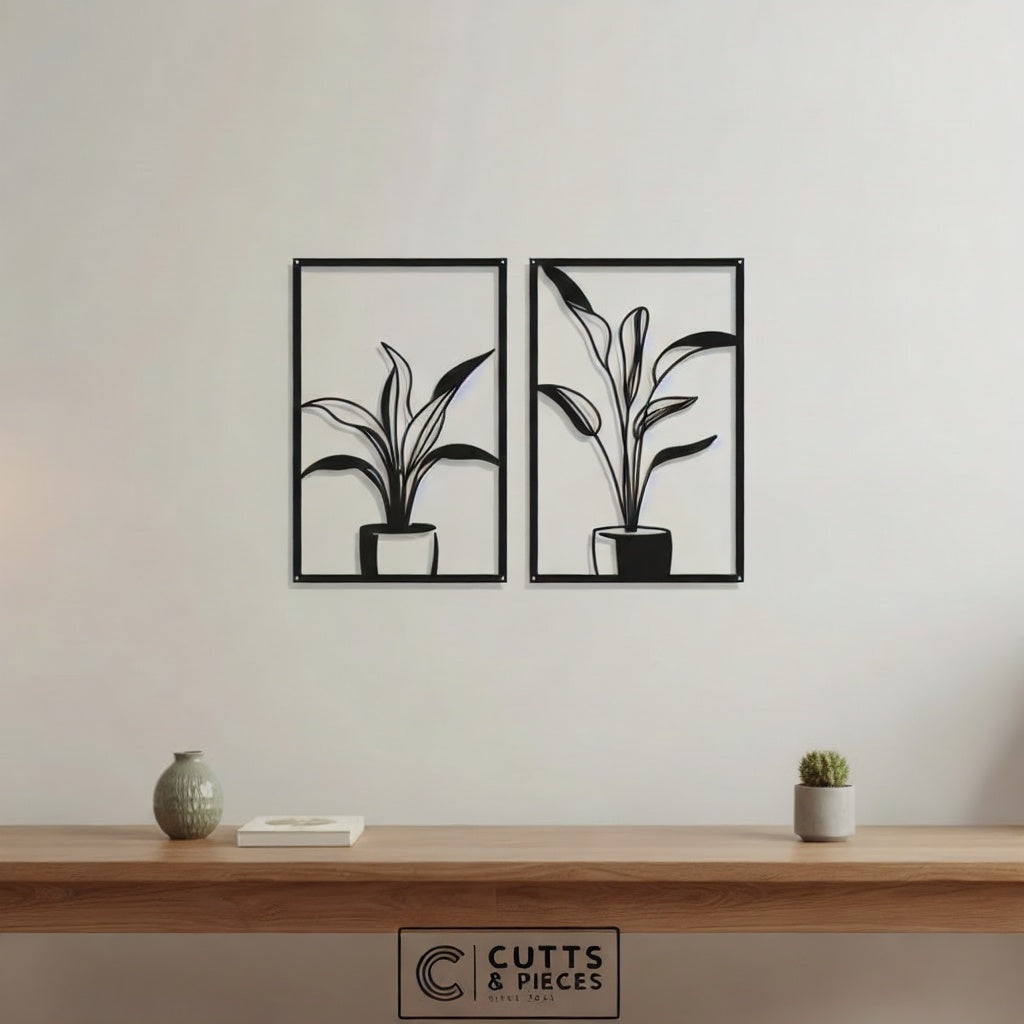 Minimalist Potted Plant Duo Metal Wall Art Panels