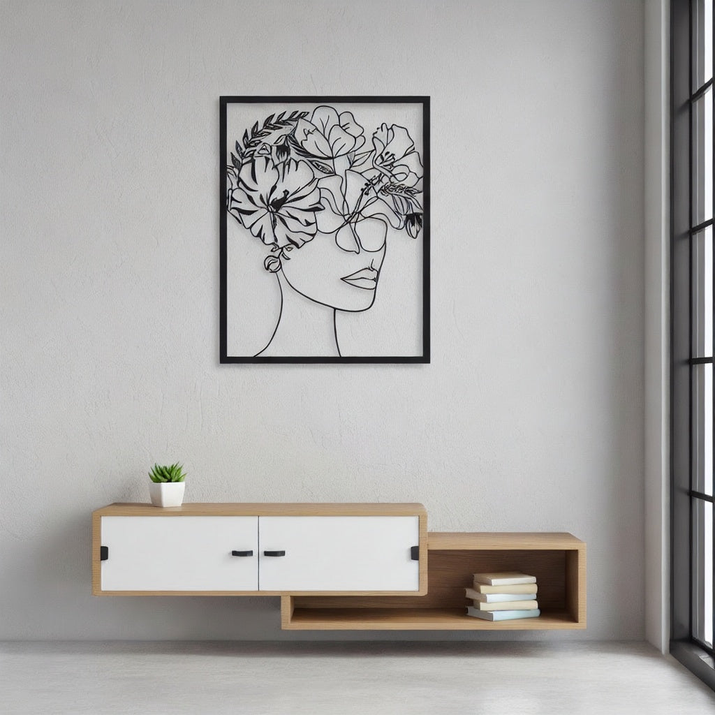 Floral Woman Portrait Metal Line Art