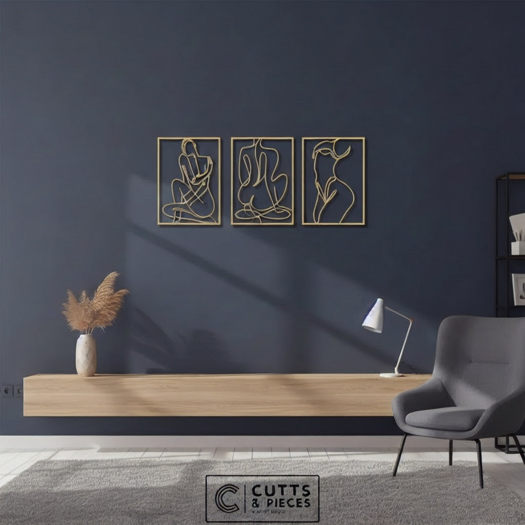 Minimalist Abstract Nude Female Form Metal Wall Art Triptych