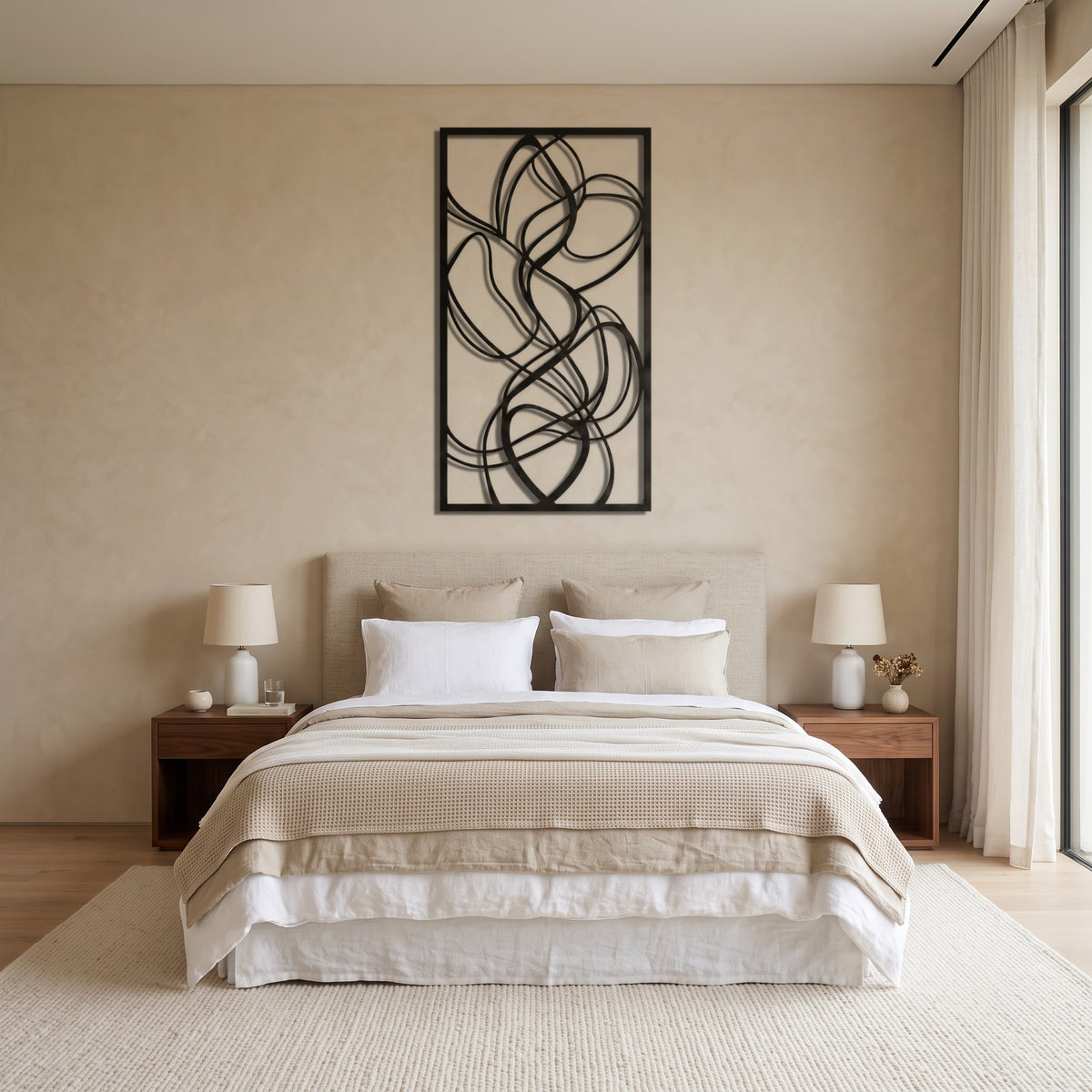 Framed Abstract Loops Metal Wall Art above the bed in a modern bedroom