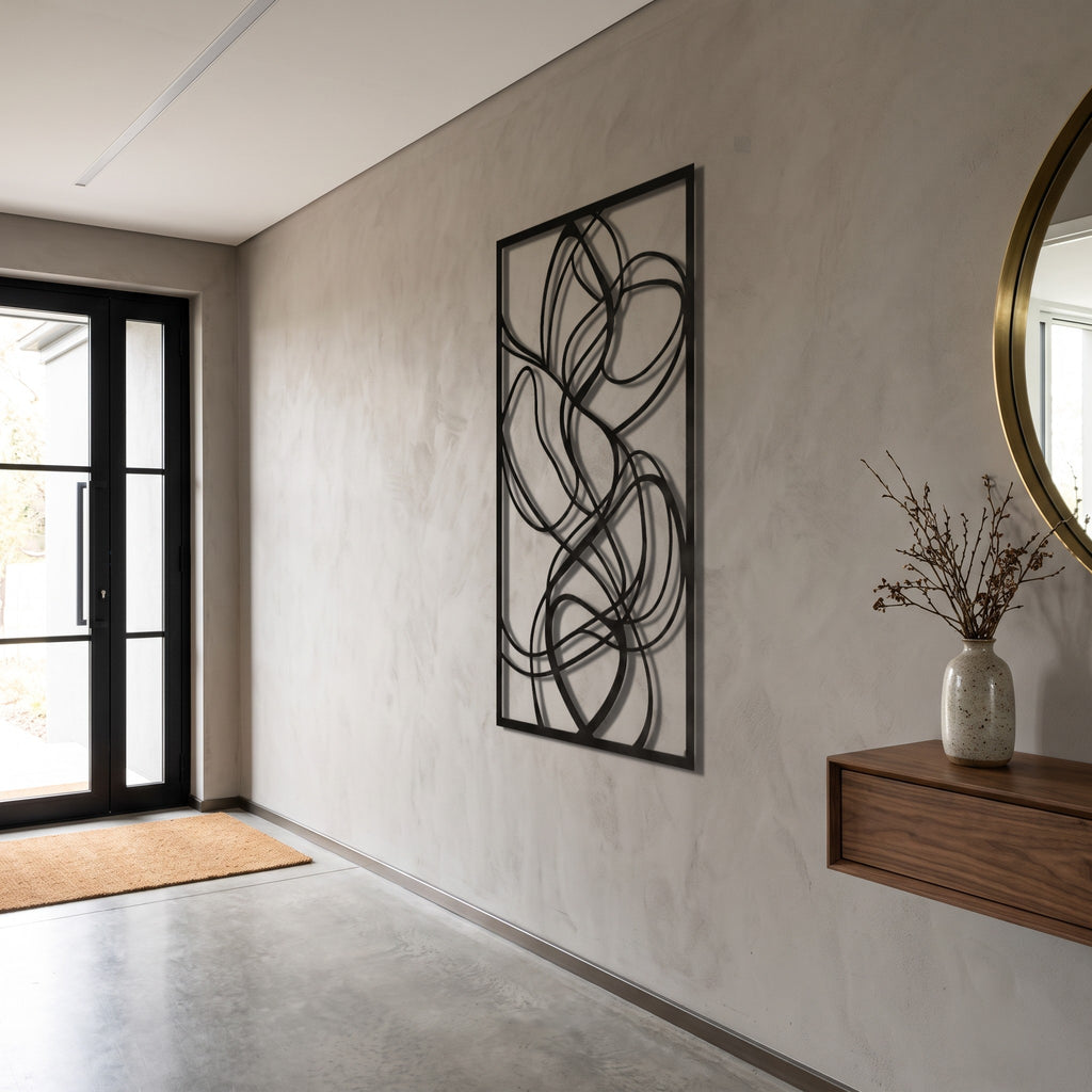 Framed Abstract Loops Metal Wall Art, side view in a modern entryway