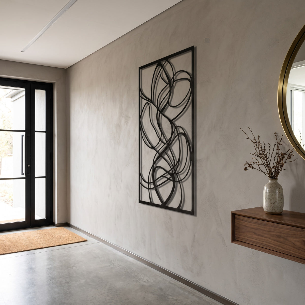 Framed Abstract Loops Metal Wall Art, side view in a modern entryway