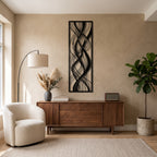 Framed Abstract Waves Vertical Metal Wall Art above a walnut sideboard | Cutts & Pieces Egypt