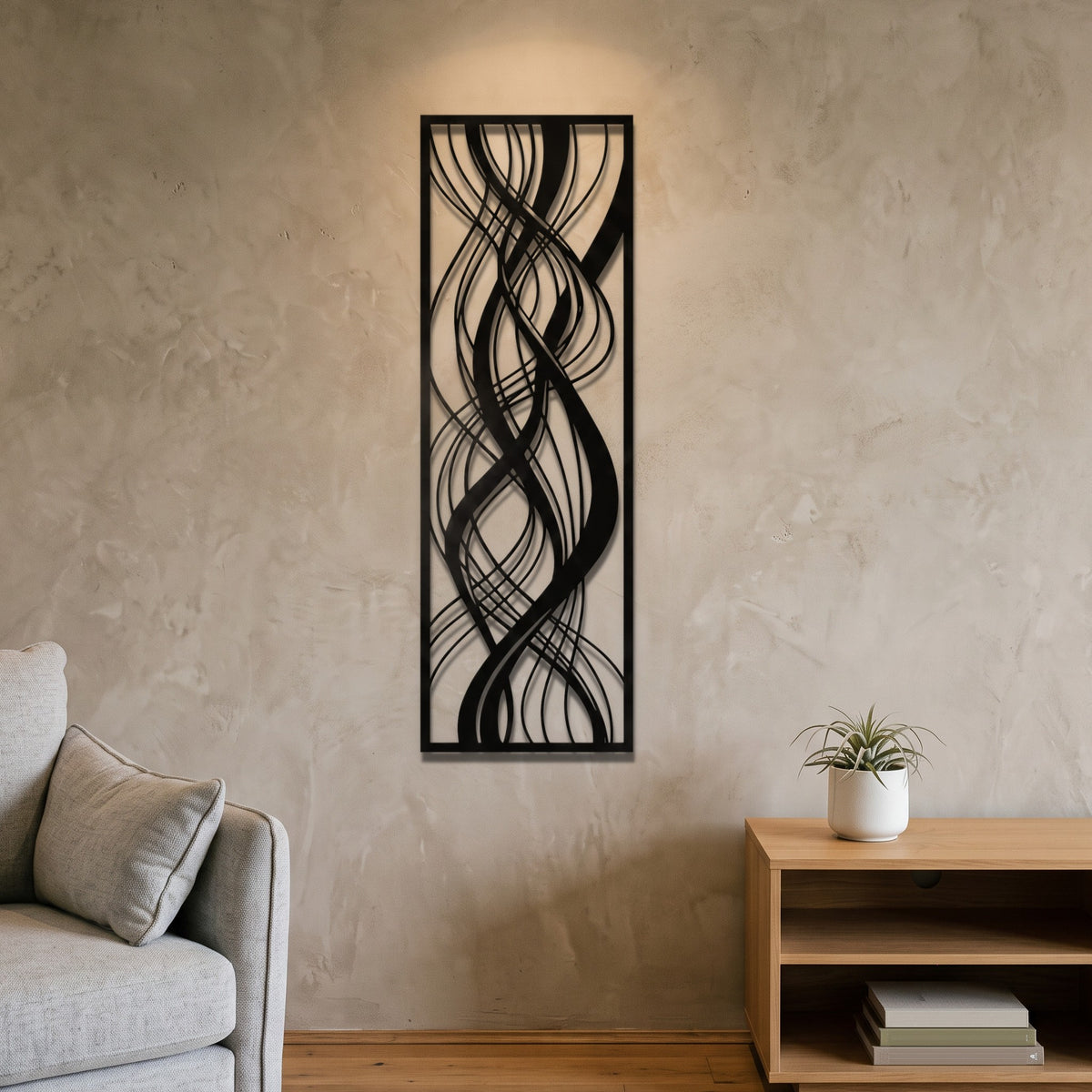 Framed Abstract Waves Vertical Metal Wall Art in a cosy living room corner