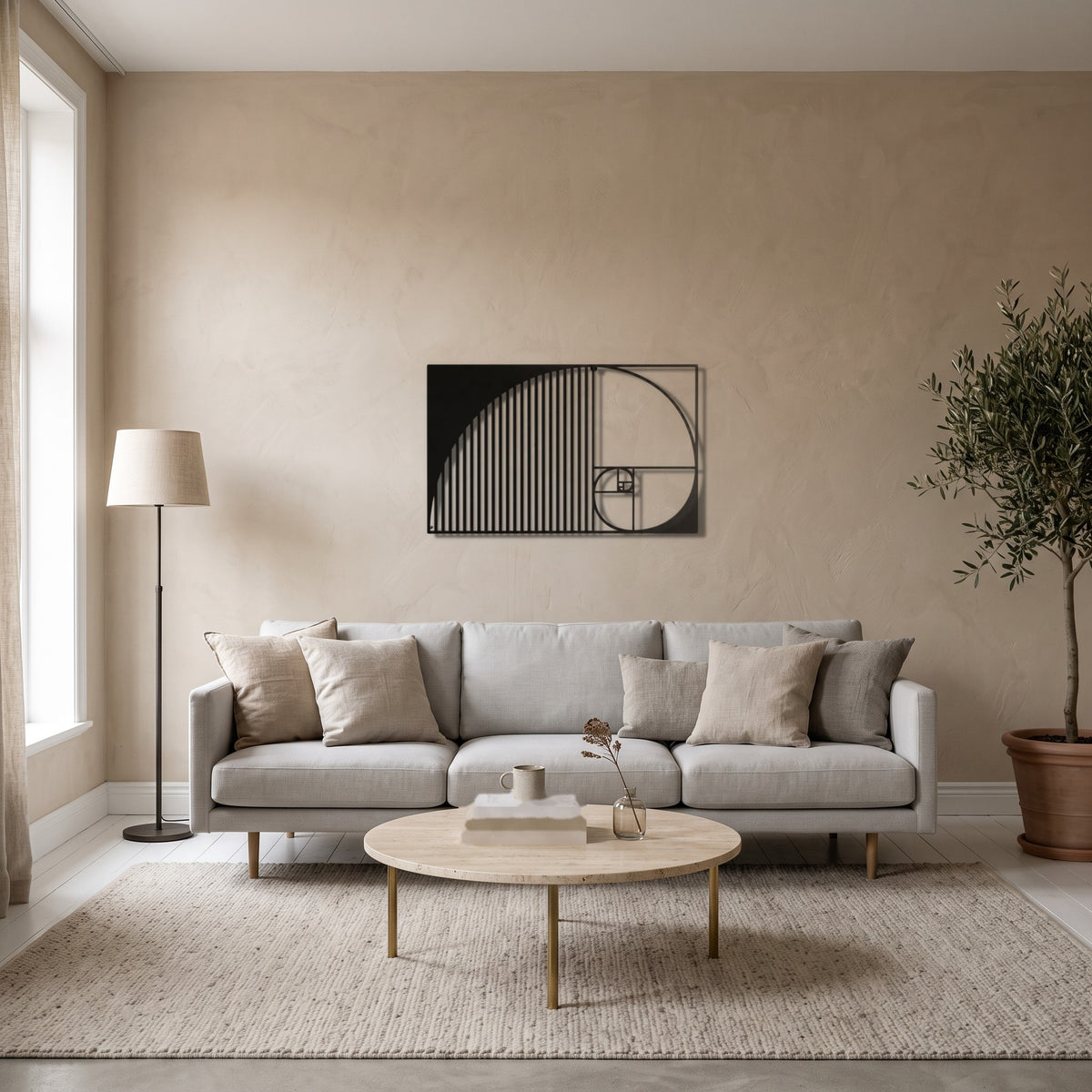 Golden Ratio Fibonacci Spiral Geometric Metal Wall Art in a modern home | Cutts & Pieces Egypt