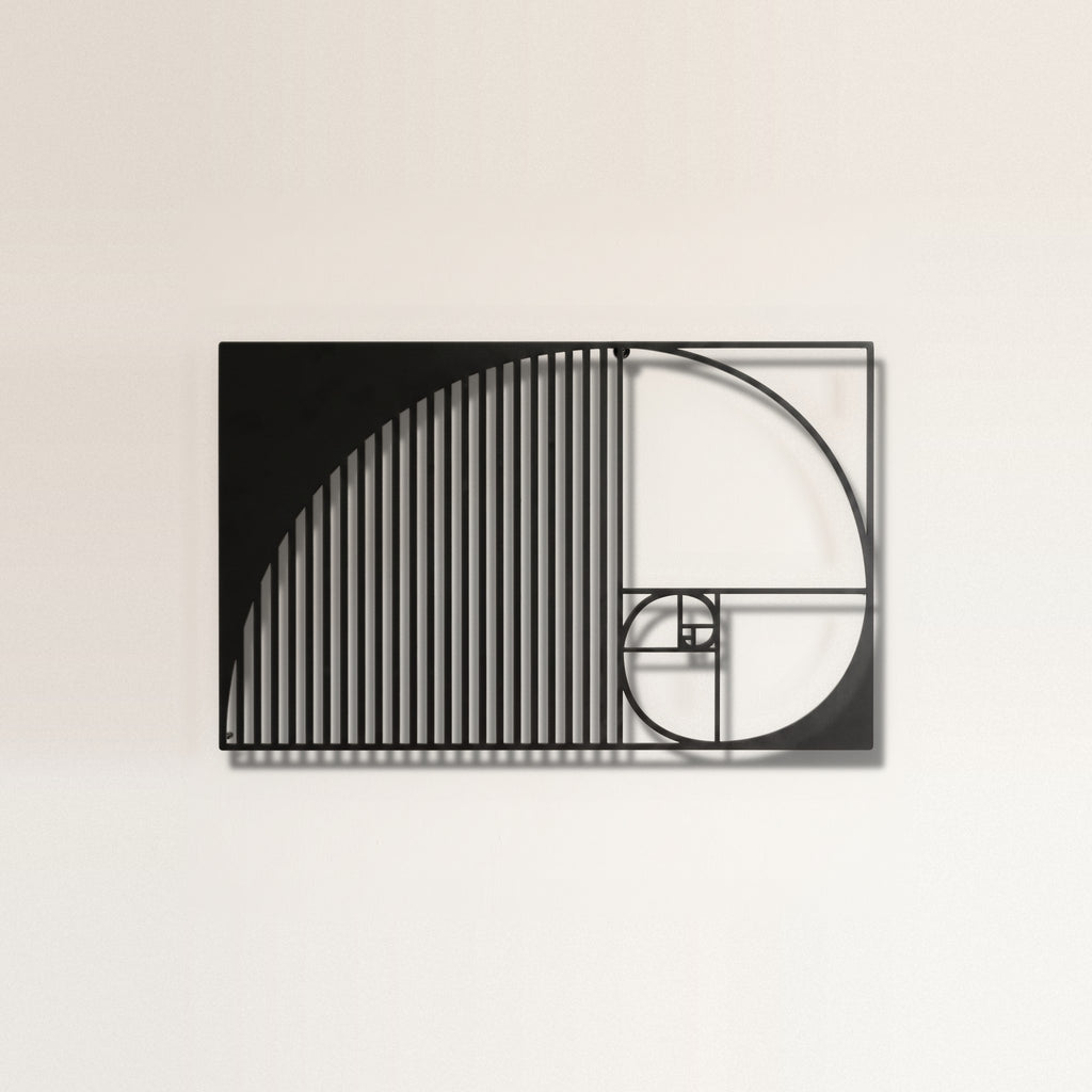 Golden Ratio Fibonacci Spiral Geometric Metal Wall Art on a plain wall, laser-cut steel