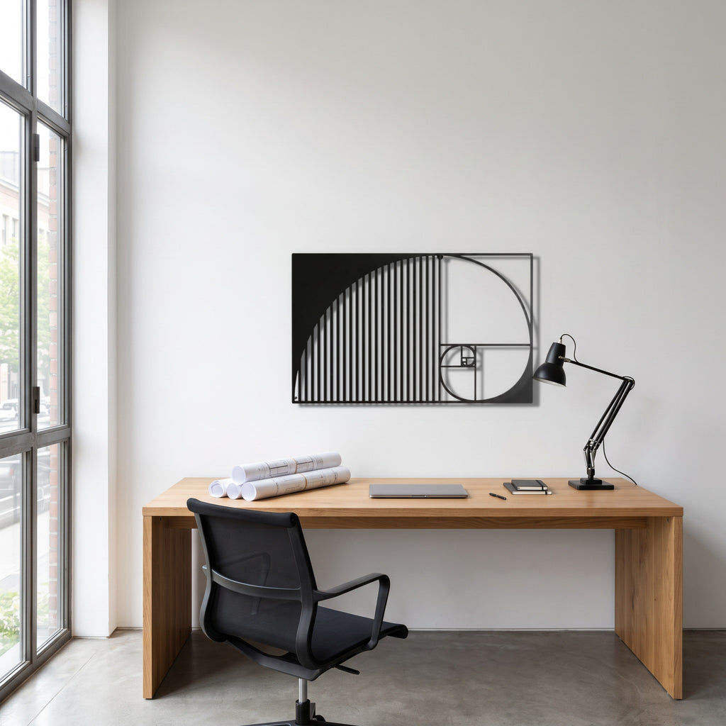 Golden Ratio Fibonacci Spiral Geometric Metal Wall Art in a modern office
