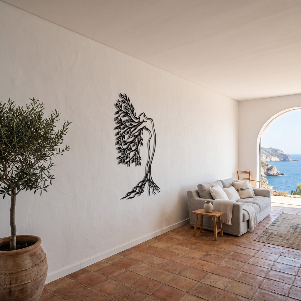Tree of Life Woman Botanical Metal Wall Art, side view on a whitewashed wall