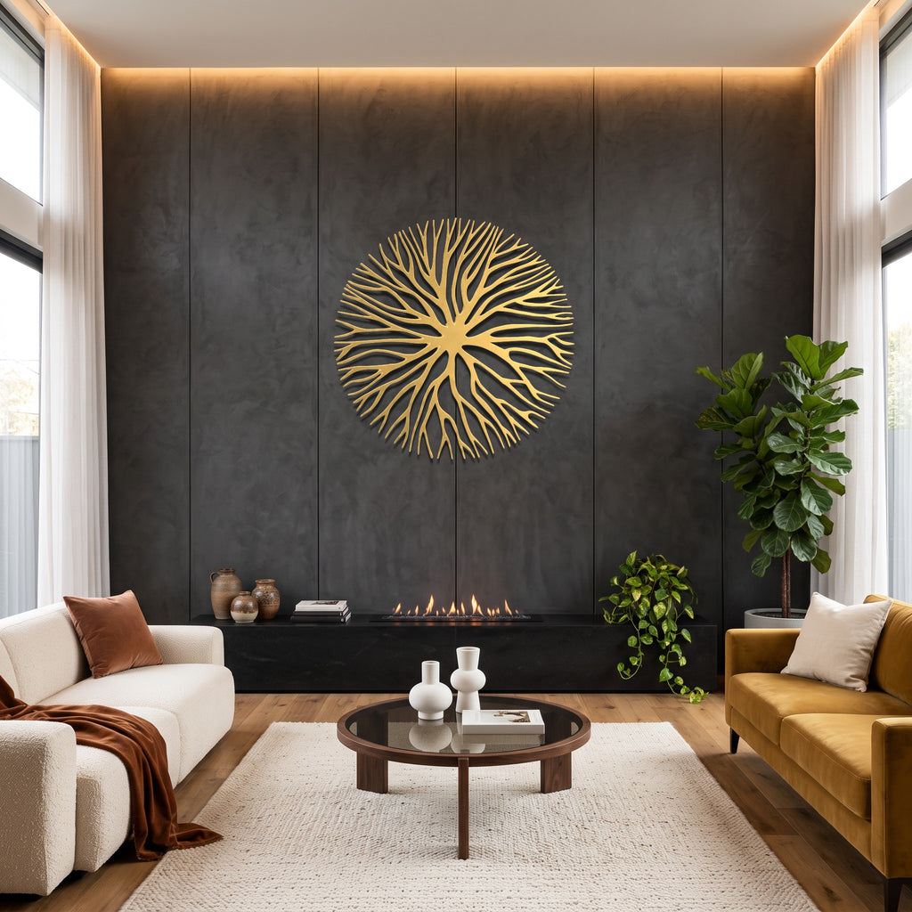 Tree Roots Circular Nature Metal Wall Art in gold above a fireplace | Cutts & Pieces Egypt