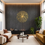 Tree Roots Circular Nature Metal Wall Art in gold above a fireplace | Cutts & Pieces Egypt