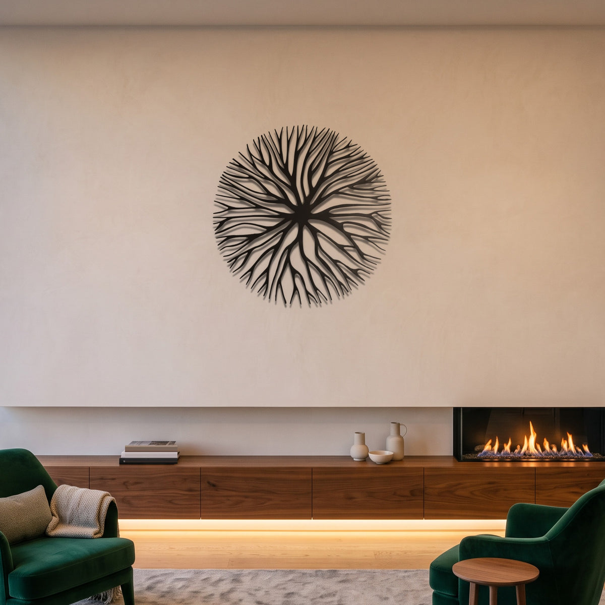 Tree Roots Circular Nature Metal Wall Art in black above a fireplace in a modern living room