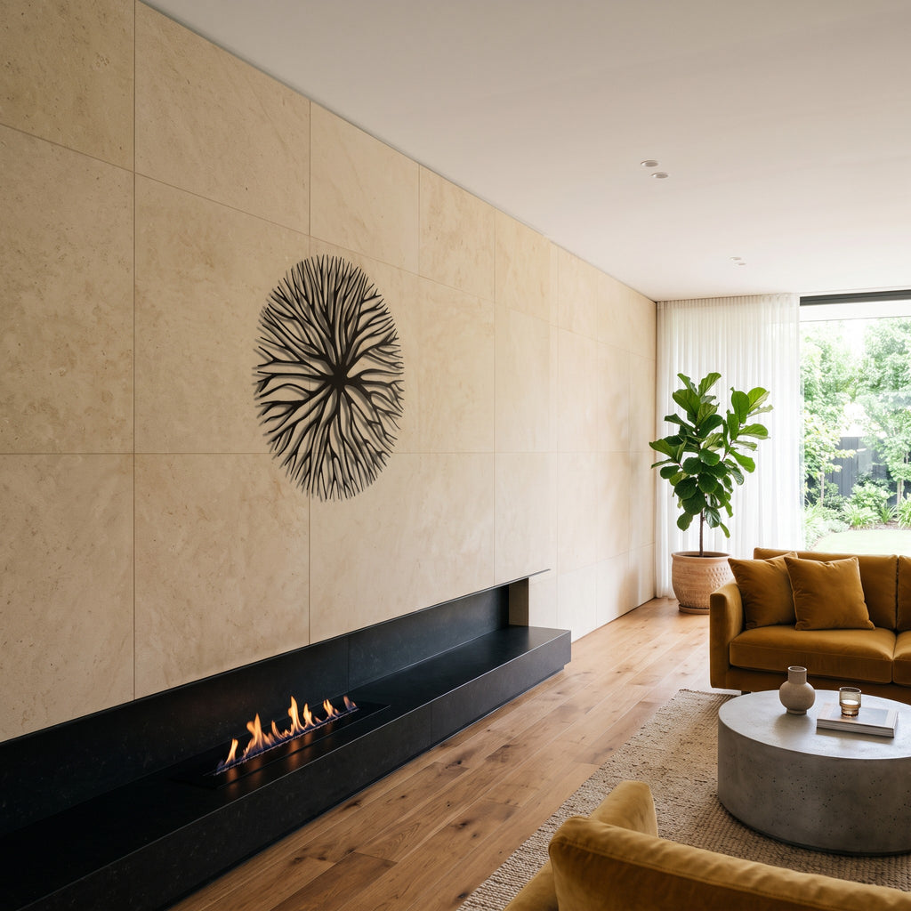 Tree Roots Circular Nature Metal Wall Art, side view on a stone wall above a fireplace