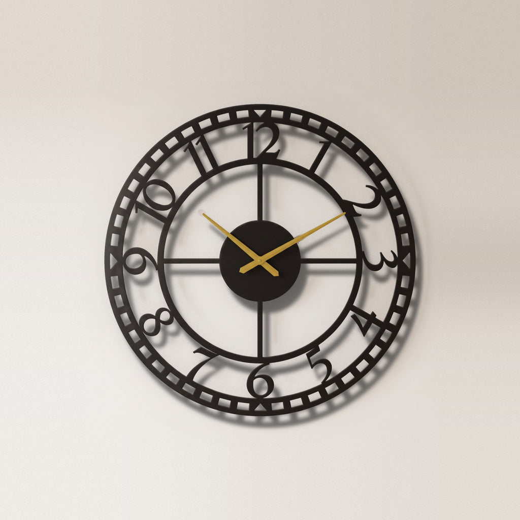 Vintage Station Numerals Metal Wall Clock on a plain wall, laser-cut steel
